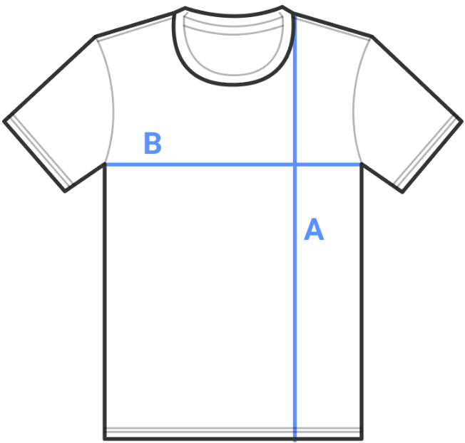 T-shirt diagram showing where to measure length (A) and half chest (B)