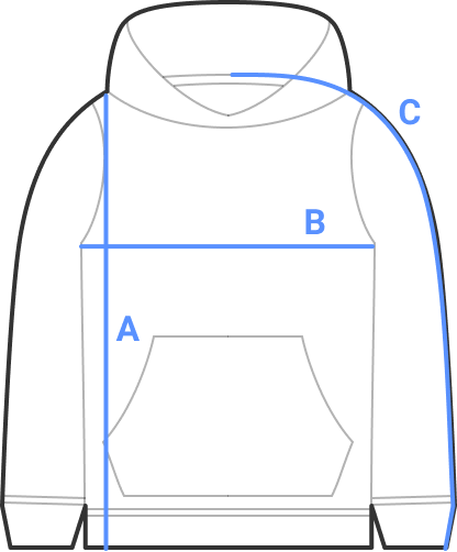 Hoodie diagram showing where to measure length (A), half chest (B) and sleeve length (C)